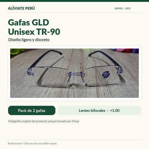 Gafas GLD Unisex TR-90 con lentes transparentes, diseño sin aro y patillas negras. Pack de 2 gafas.