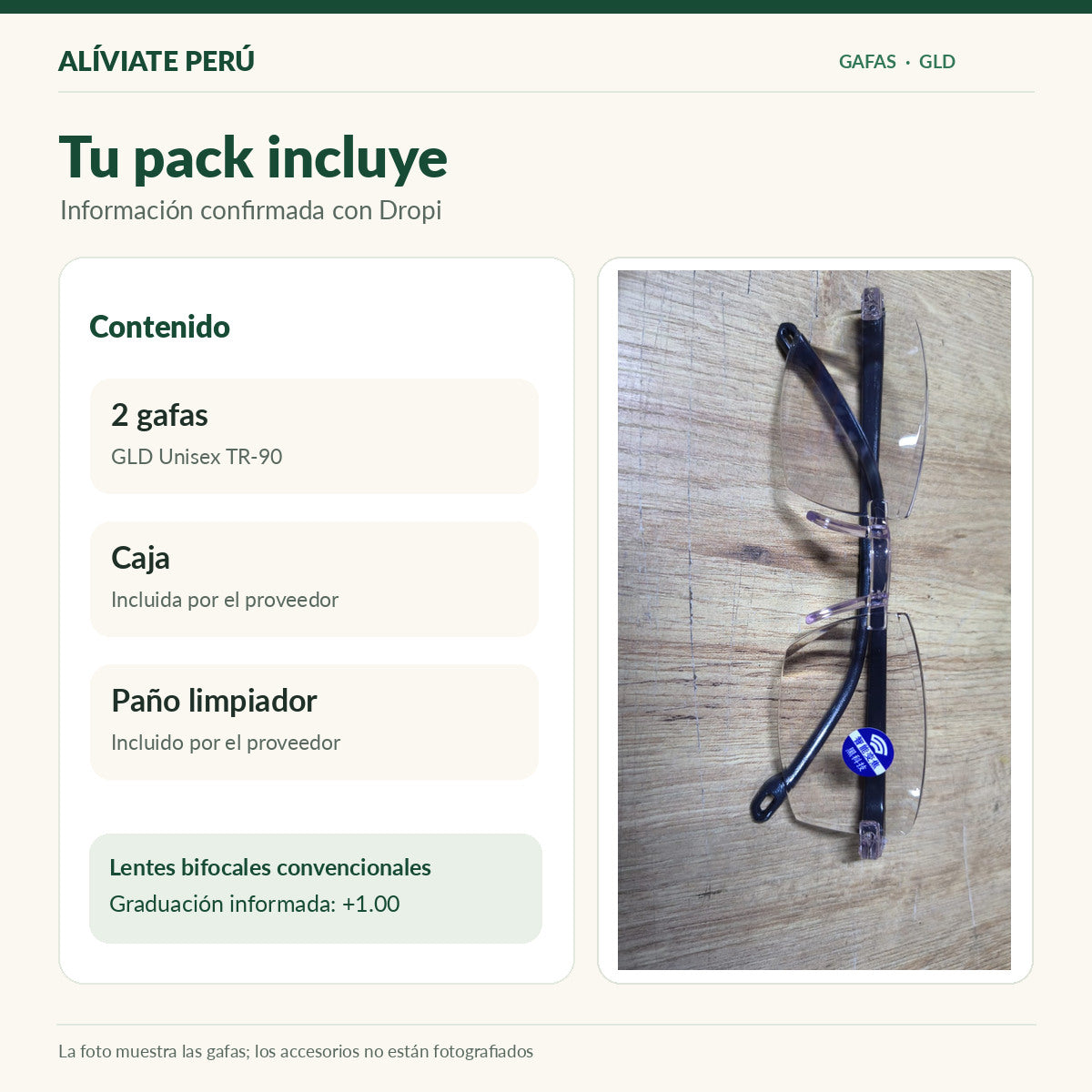Gafas GLD Unisex TR-90 con información del pack de 2 gafas, lentes bifocales +1.00, caja y paño limpiador.