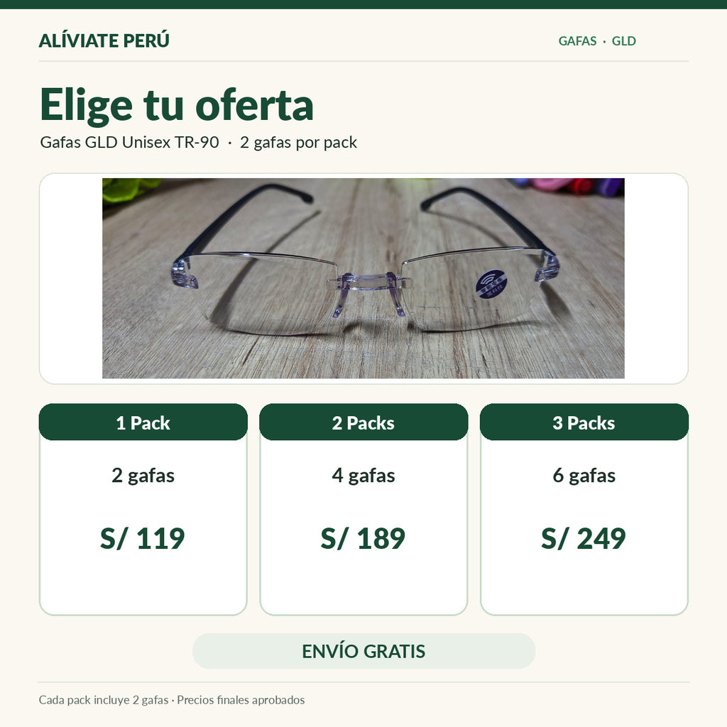 Ofertas de gafas GLD Unisex TR-90: 1 pack por S/119, 2 packs por S/189 y 3 packs por S/249.