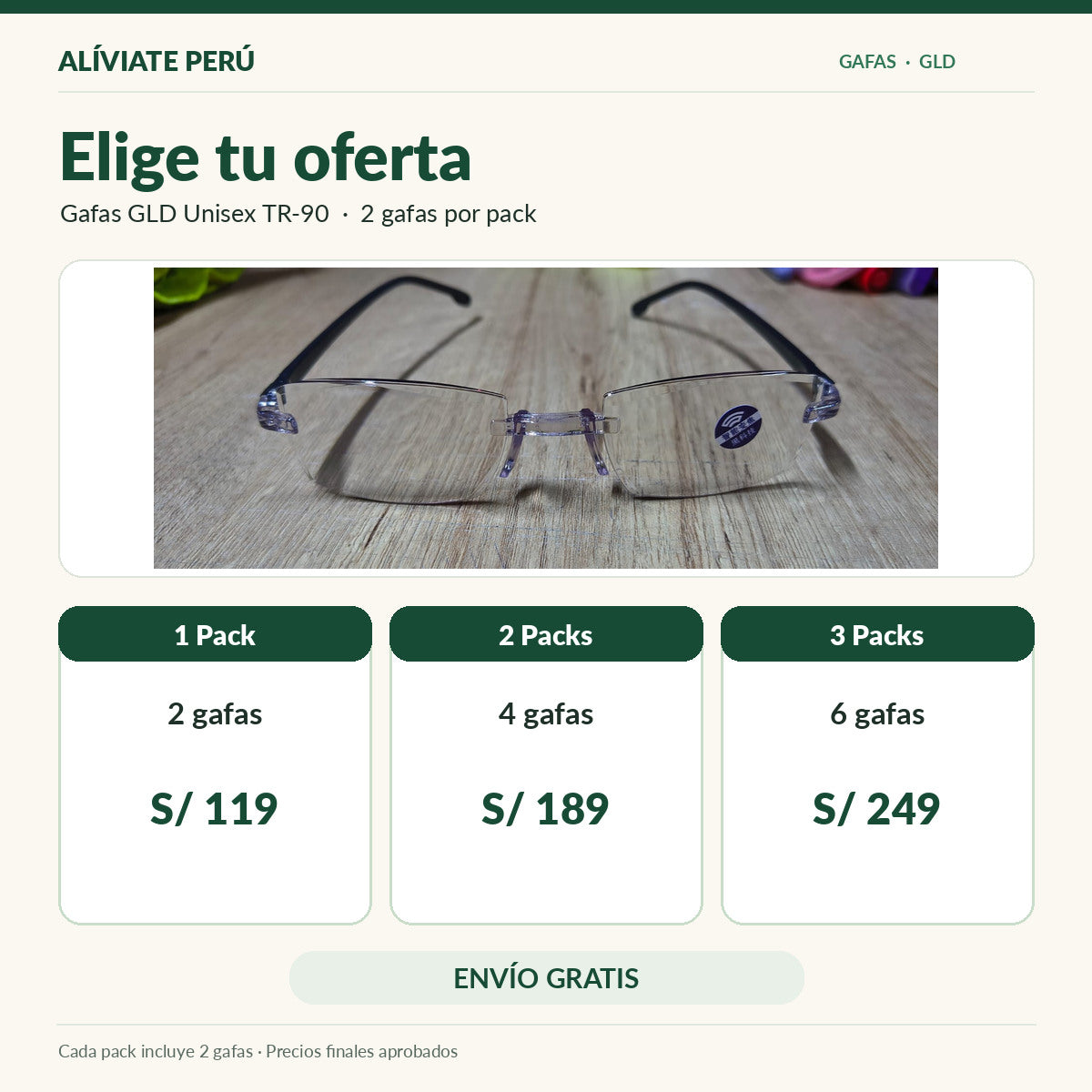 Ofertas de gafas GLD Unisex TR-90: 1 pack por S/119, 2 packs por S/189 y 3 packs por S/249.